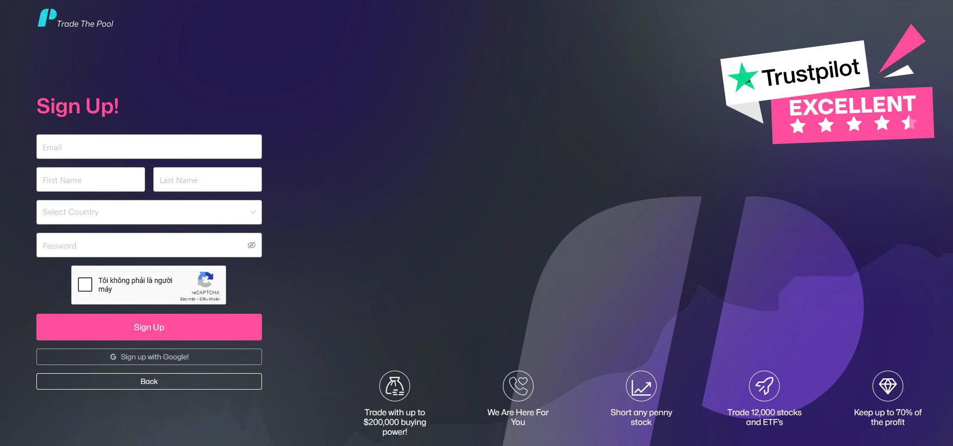 A screenshot showing the secure registration form fields for a new Trade The Pool account