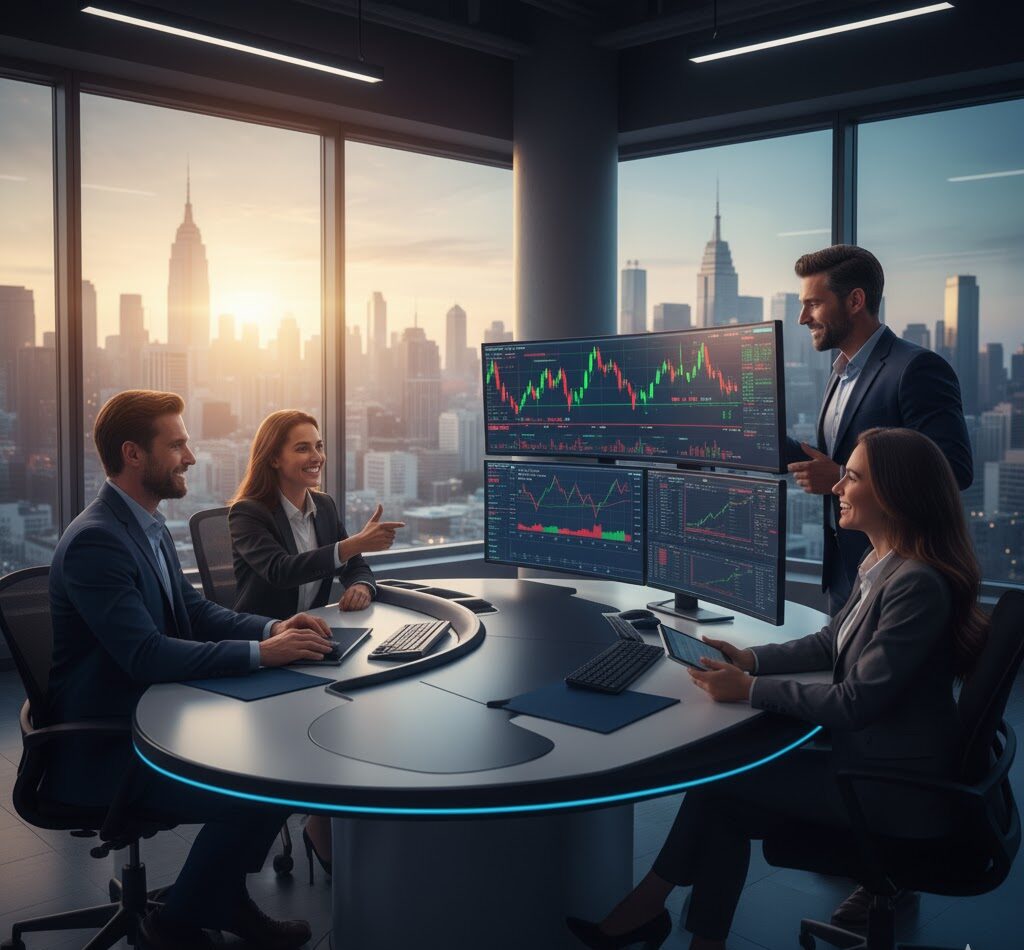 A diverse team of professional traders analyzing stock market data on multiple monitors in a modern office. A senior trader is pointing at a chart, mentoring a colleague.