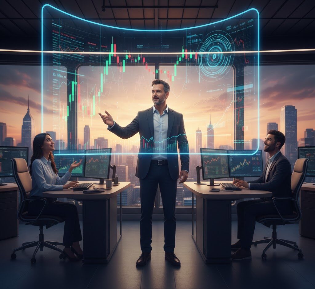 A financial leader standing in front of a market data board, representing vision and future growth.