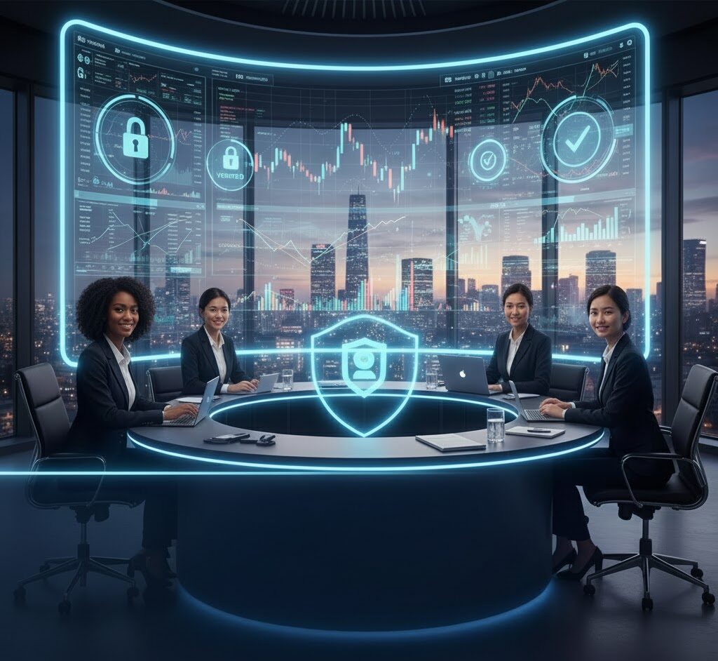 A secure system interface with a lock icon, representing safety and compliance.
